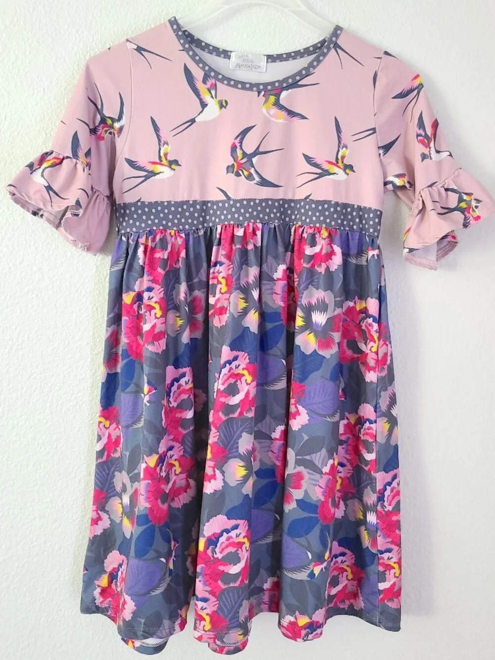 Little Miss Marmalade Girls Floral Bird Dress Pink Gray Size 7 150